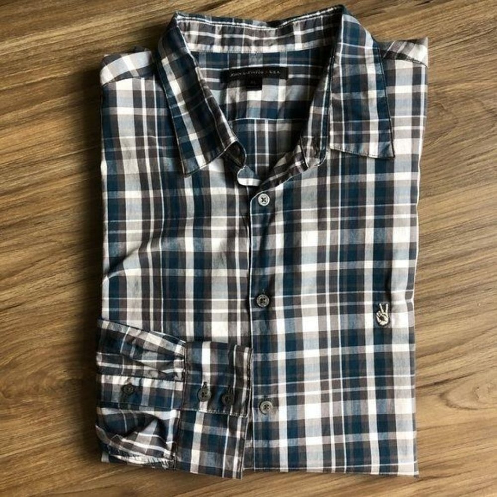John Varvatos Peace Sign Logo Plaid Button Up Long